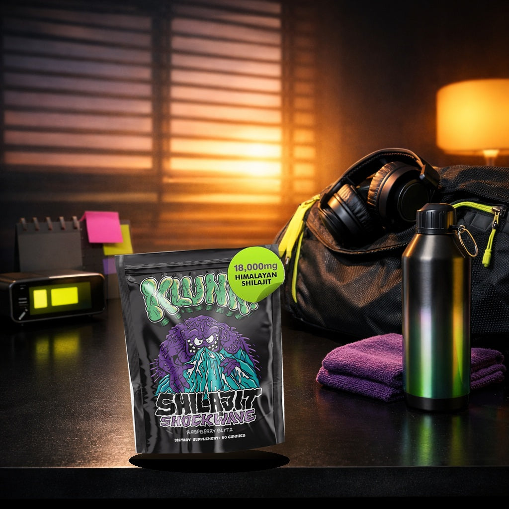 KLUNK Shilajit Shockwave pouch in a premium gym ritual scene with a training bag, headphones, water bottle, and towel